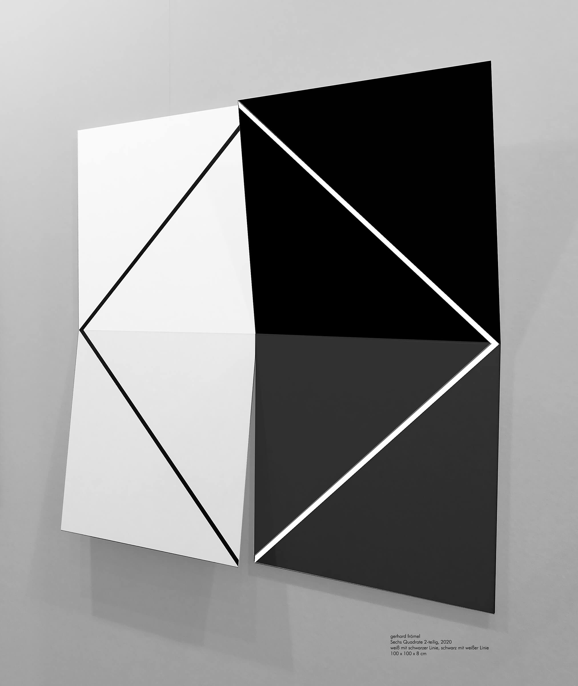 Sechs Quadrate 2-teilig 2020, weiß mit schwarzer Linie, schwarz mit weißer Linie, Aluminium, Acryllack, Gesamtmaß: 100 x 100 x 8 cm